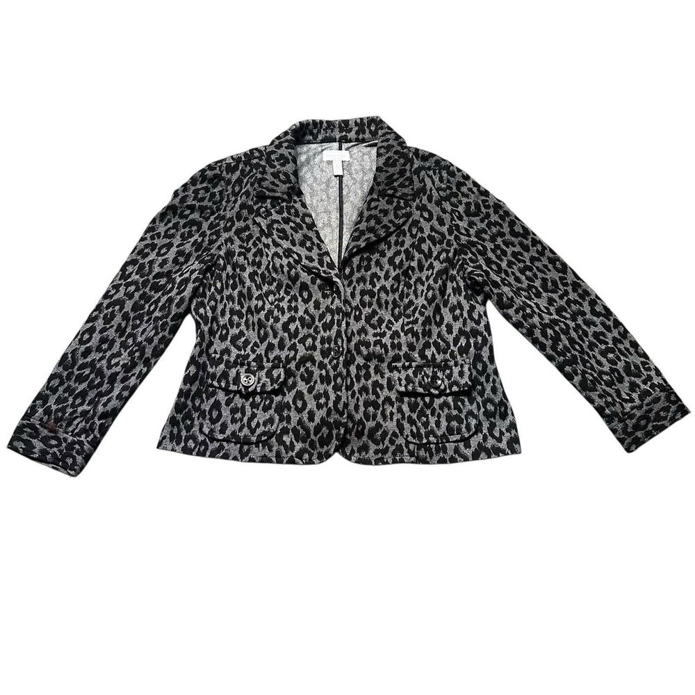 Charter Club Womens P/XL Leopard Print Knit Blazer Jacket Gray Black Metallic